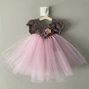 Handmade Cotton Crochet Taupe Light Pink Tulle Doll Teddy Bear Tutu Dress